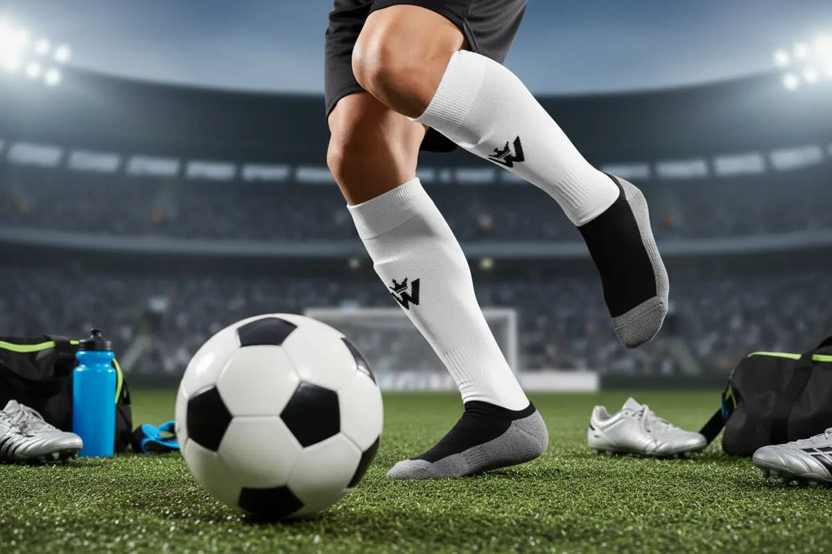 Soccer player wearing white performance training socks while dribbling a ball on a stadium field.