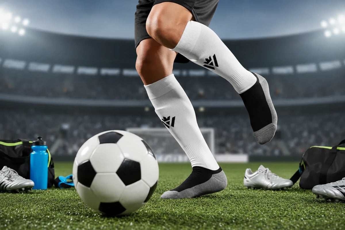 White athletic knee-high socks with black logos worn by a soccer player on a green field, with a soccer ball, water bottle, and other gear in a stadium setting.