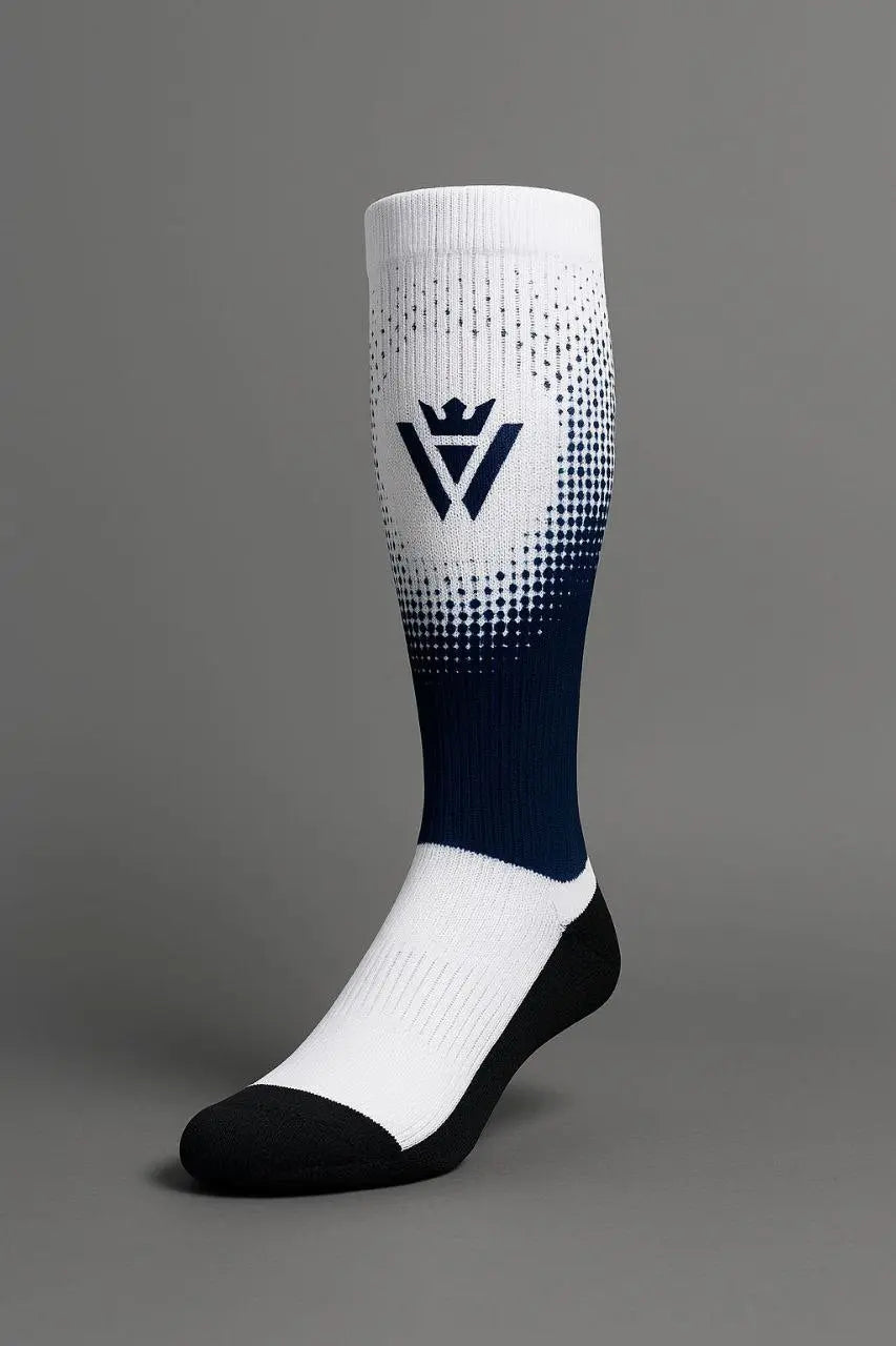 Comfort Hybrid soccer socks White Navy Fade by Waly’s – 80% cotton.