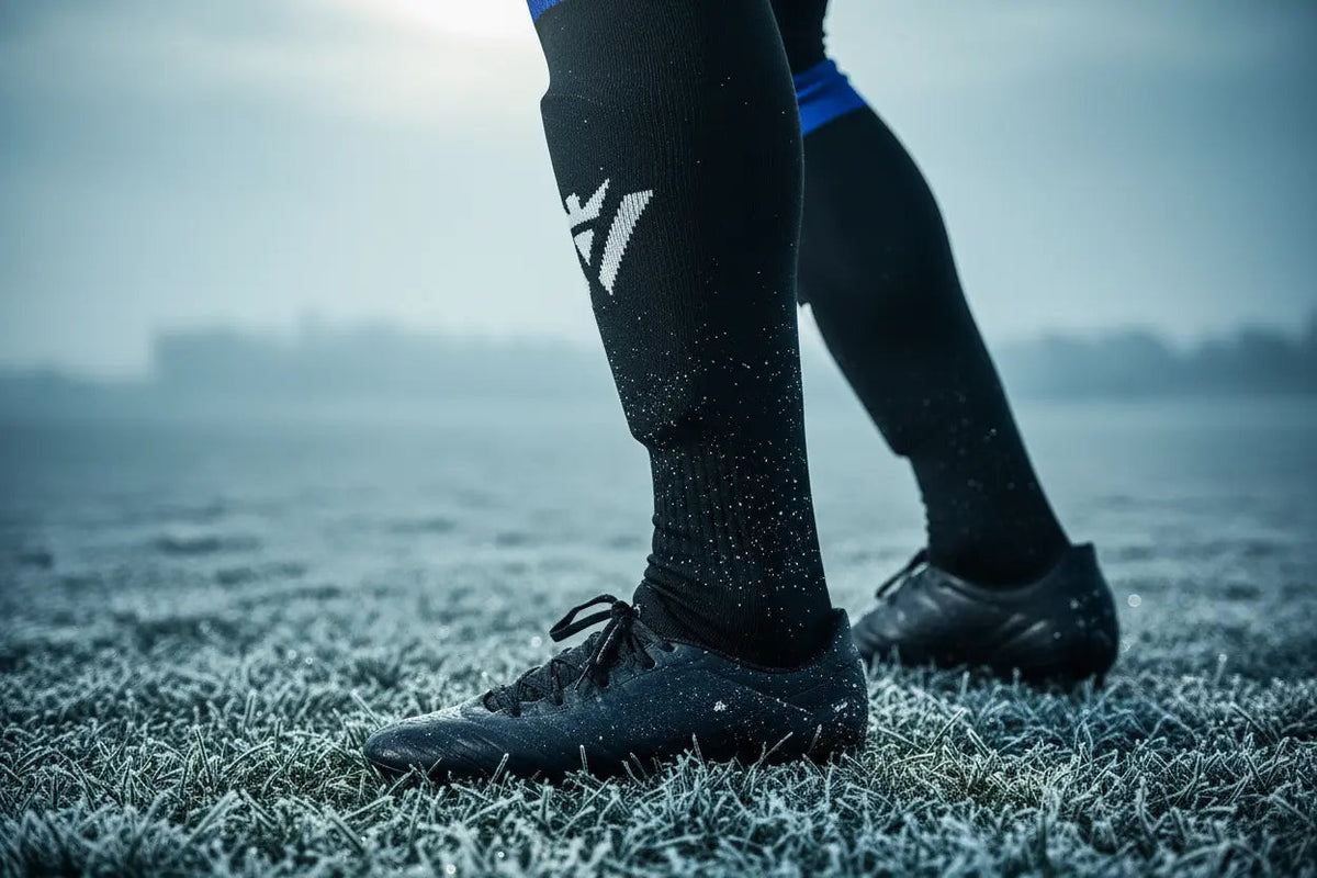 Soccer player wearing black performance training socks and cleats on the field.