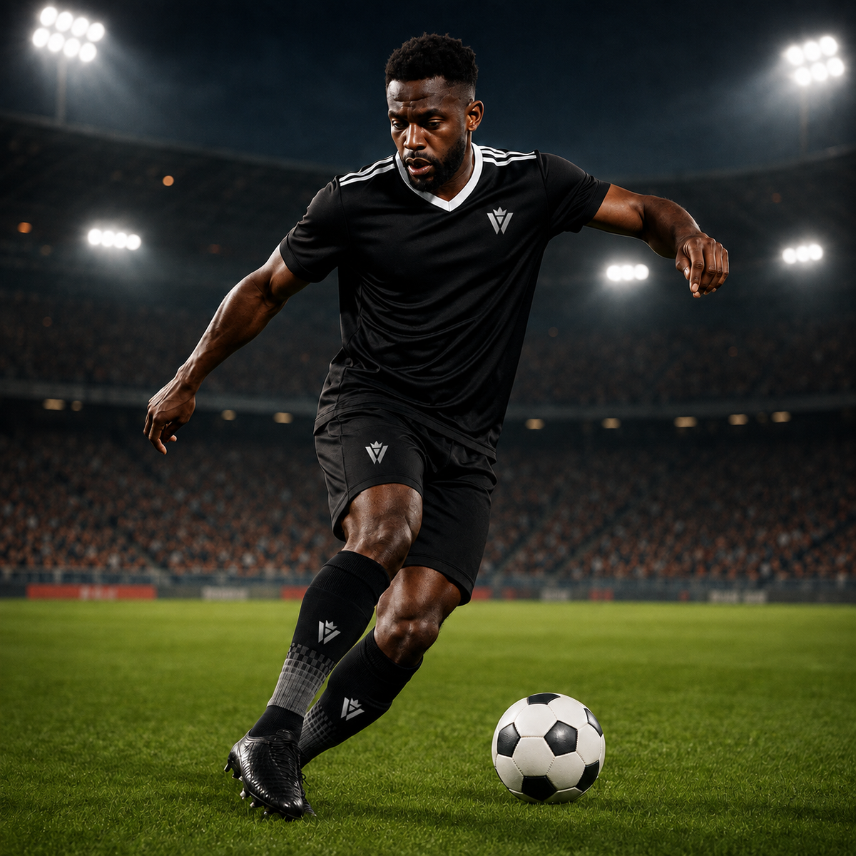 Soccer player wearing black performance socks while dribbling a ball on a stadium field at night.