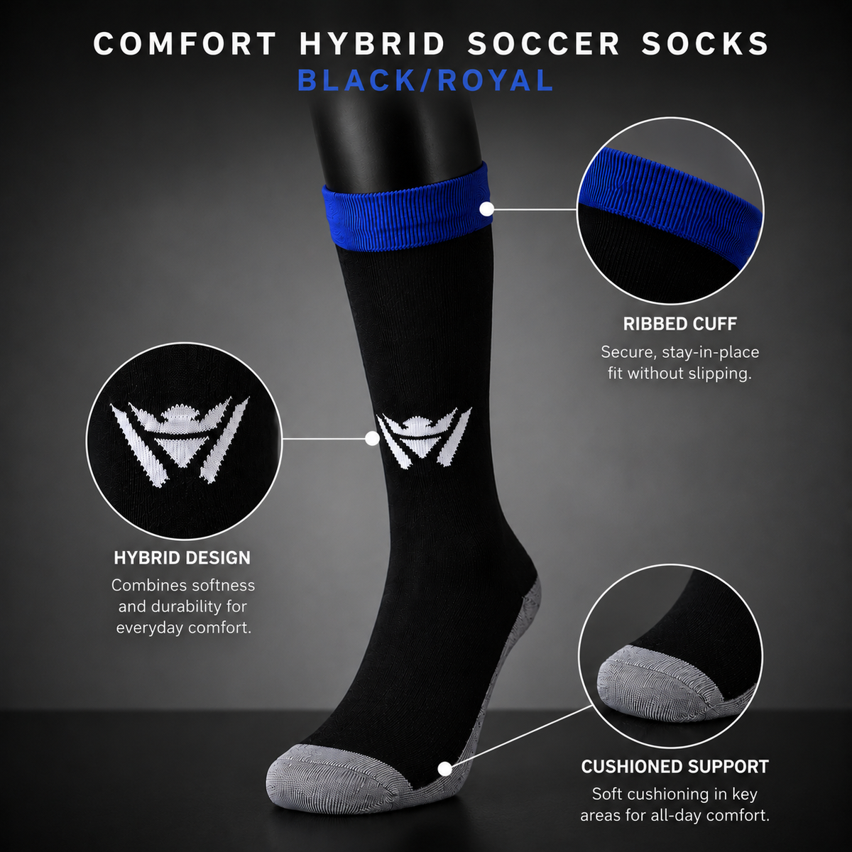 Waly's White Navy Fade hybrid soccer sock