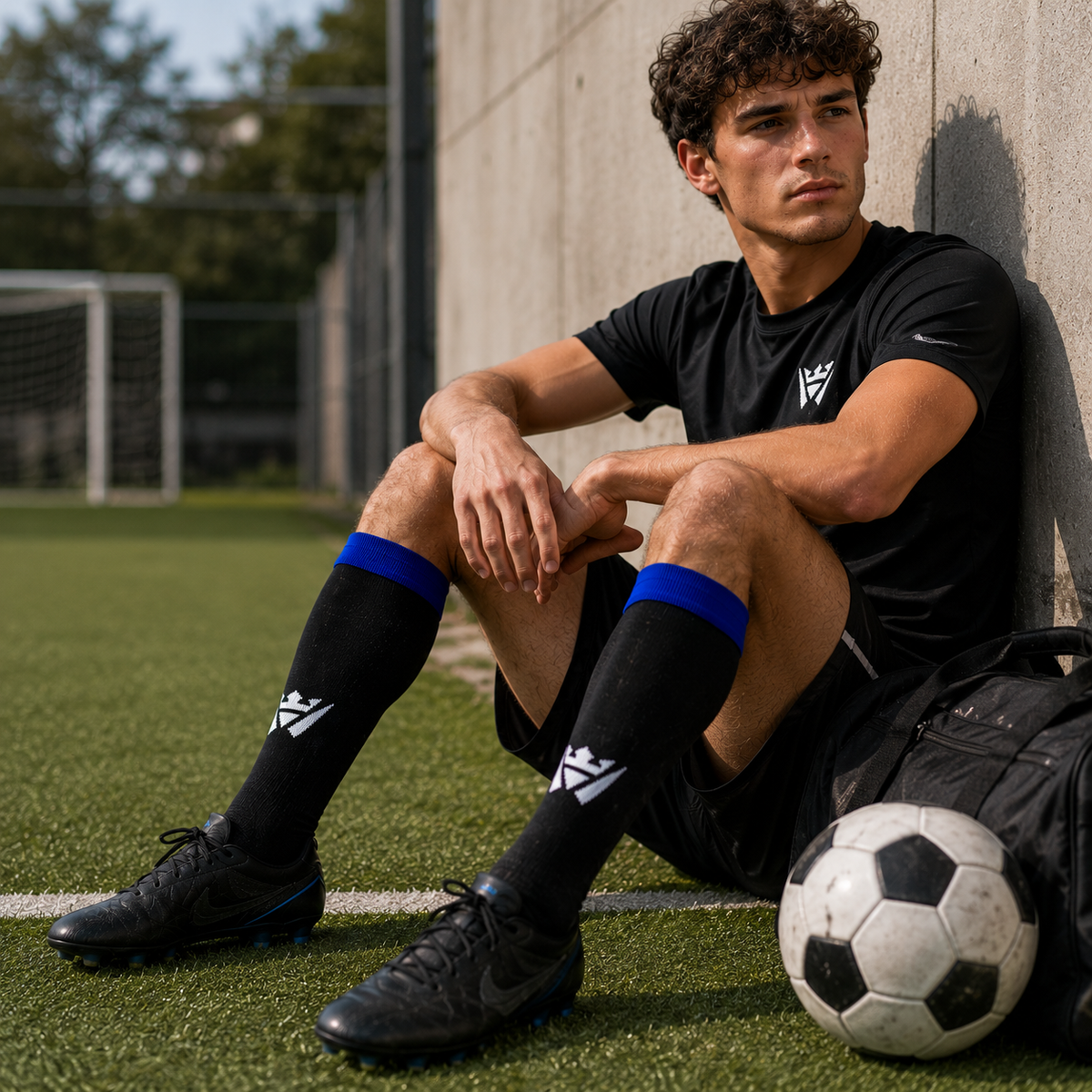 Player wearing Waly's White Navy Fade soccer socks