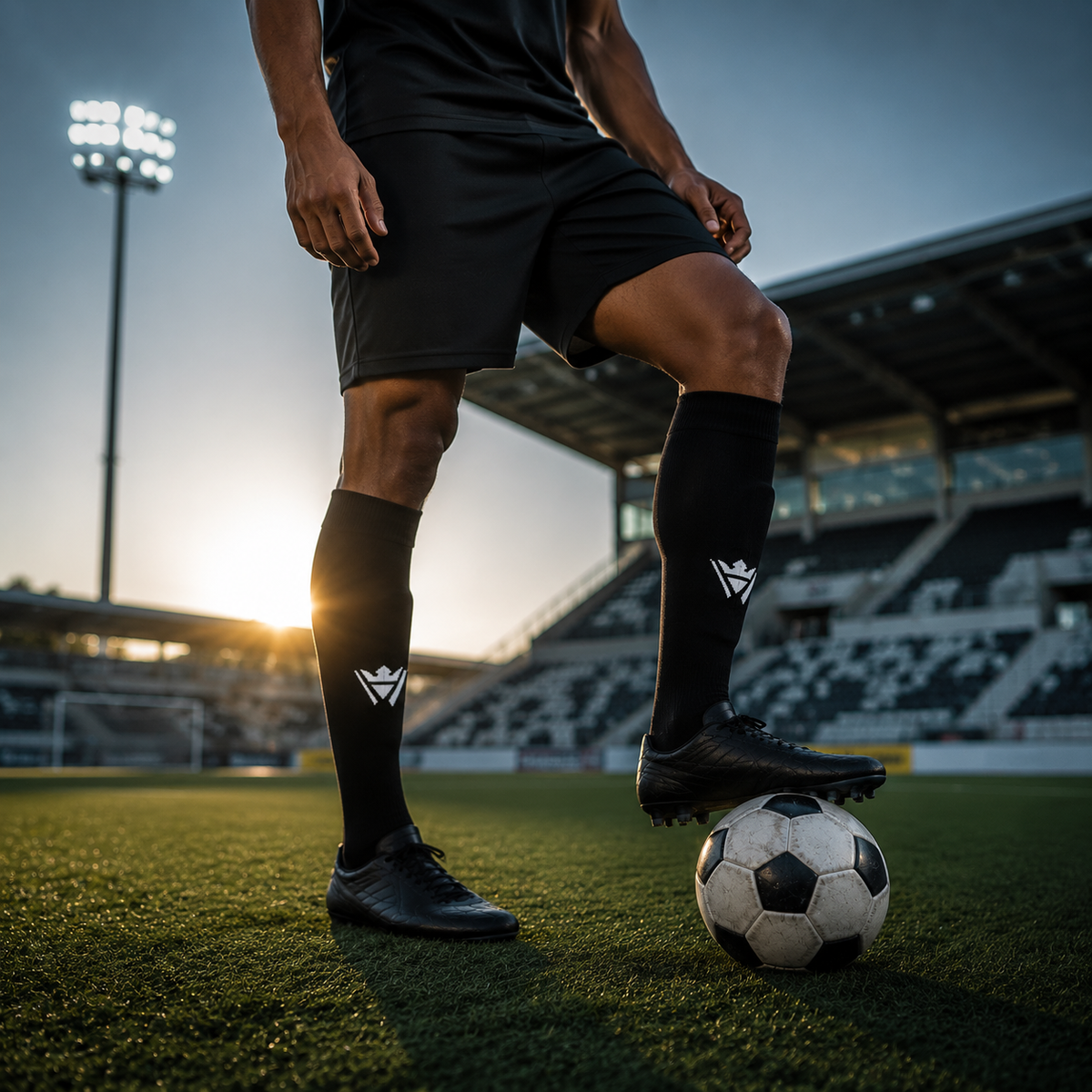 Player wearing Waly's White Navy Fade soccer socks
