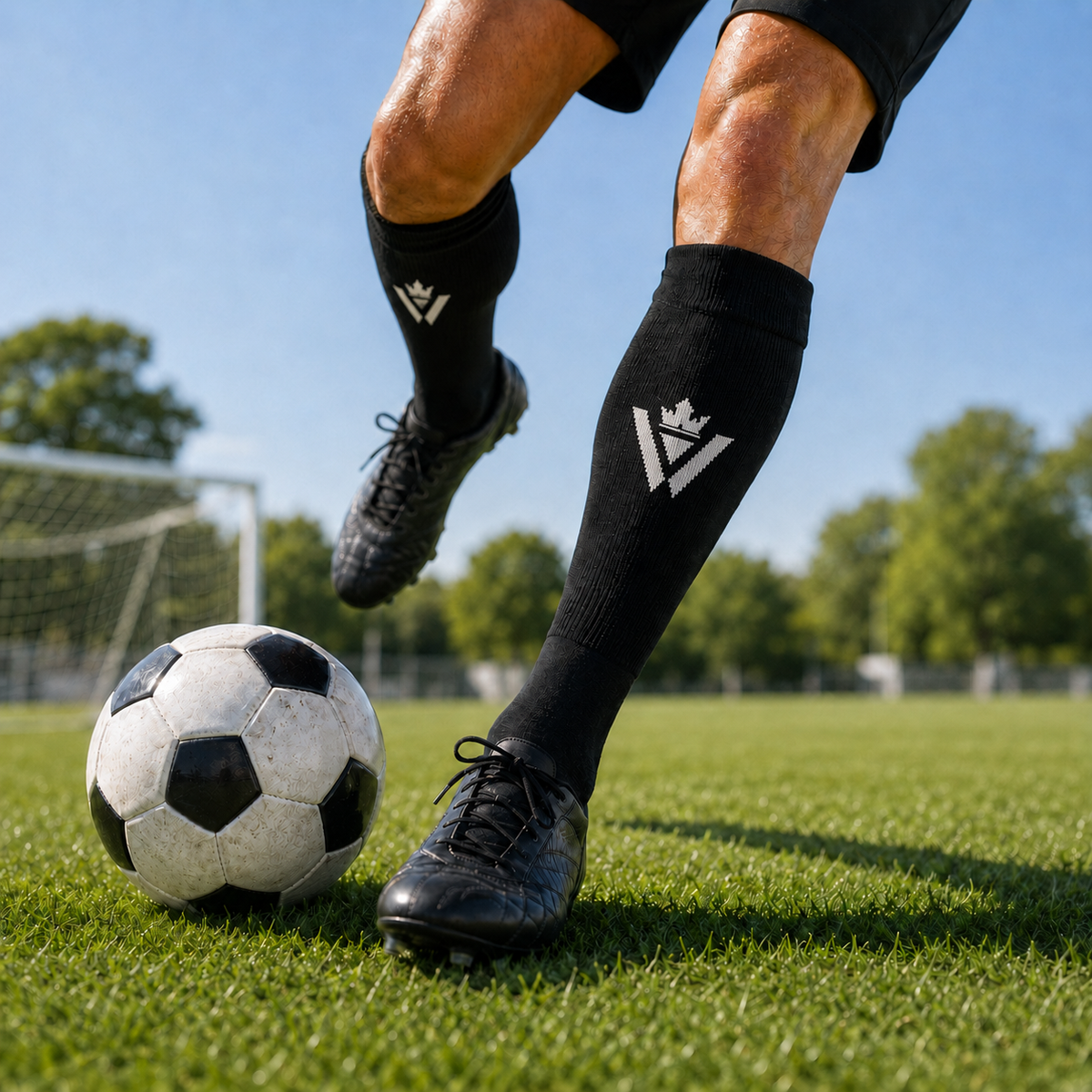 Player wearing Waly's White Navy Fade soccer socks
