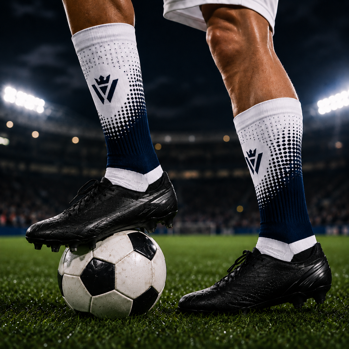 Player wearing Waly's White Navy Fade soccer socks