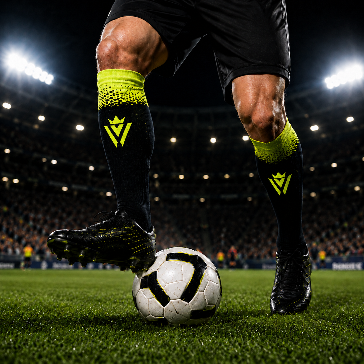 Player wearing Waly's White Navy Fade soccer socks
