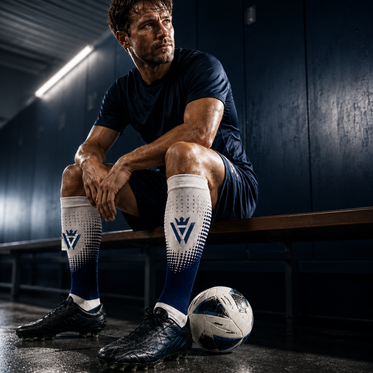 Waly's White Navy Fade hybrid soccer sock