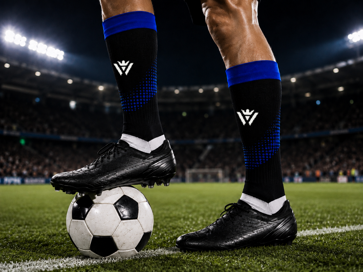 Player wearing Waly's White Navy Fade soccer socks